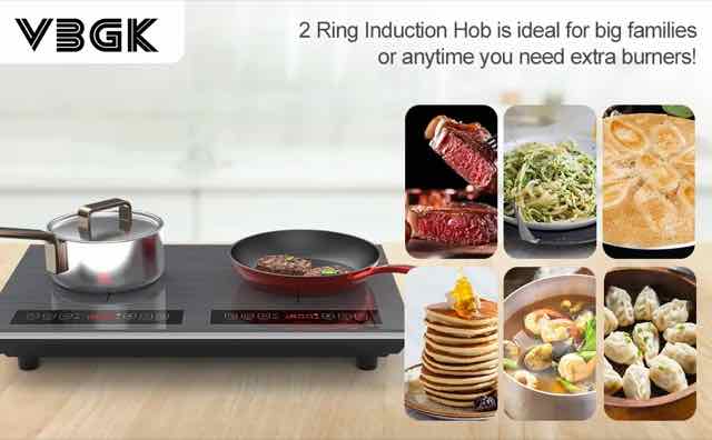 Double induction hob with two pans cooking on a sleek black tabletop unit, shown with assorted food images and the VBGK logo.